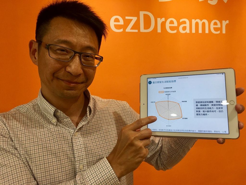 盤古銀髮可利用AI來演算長輩的生活賦能指標雷達圖，再提供生活賦能教案