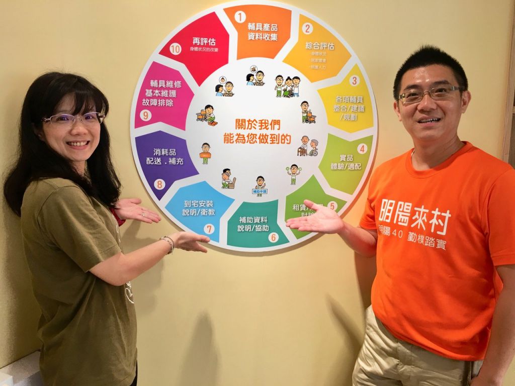 明陽來村第二代接班人陳達立(右)打造輔具園區，提供評估、體驗、適配、租賃、購買、安裝、配送和維修的一條龍服務。左為他的妻子