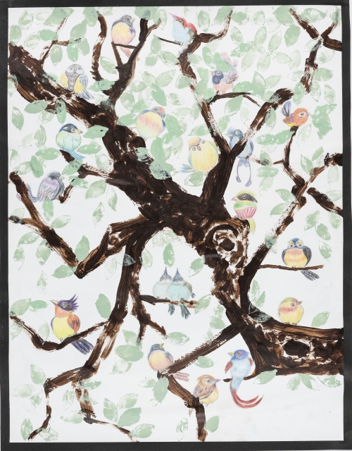 莫惠芝-树林春曲-画中雀鸟栩栩如生彷佛在树上唱歌。