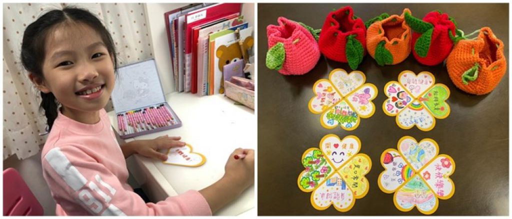 早前信德集團義工更特別鈎織小袋，並請小朋友在心意卡上畫畫，向基層及有需要人士送上窩心祝福。