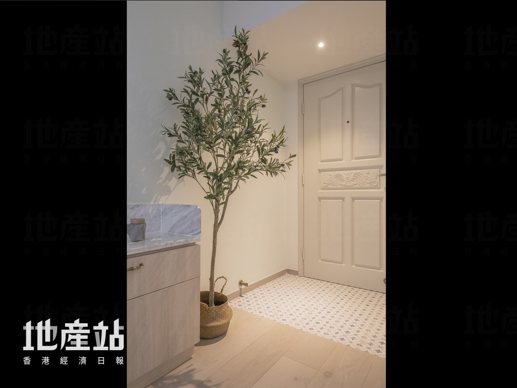 大门前的玄关地台，新铺西班牙怀旧花砖，加强分区效果之馀，亦平添了复古味道。